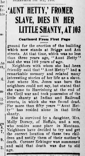 Second part of the death notice of former slave Henrietta Jones, in Harrisburg, at age 103.